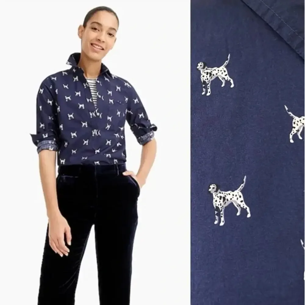 J. Crew Dalmatian Classic Shirt Womens Size 10 Blue Dog Novelty Popover Top